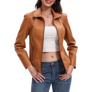 Women Camel Faux Leather Motorcycle Jacket Zip Up Trendy Going Out Coat